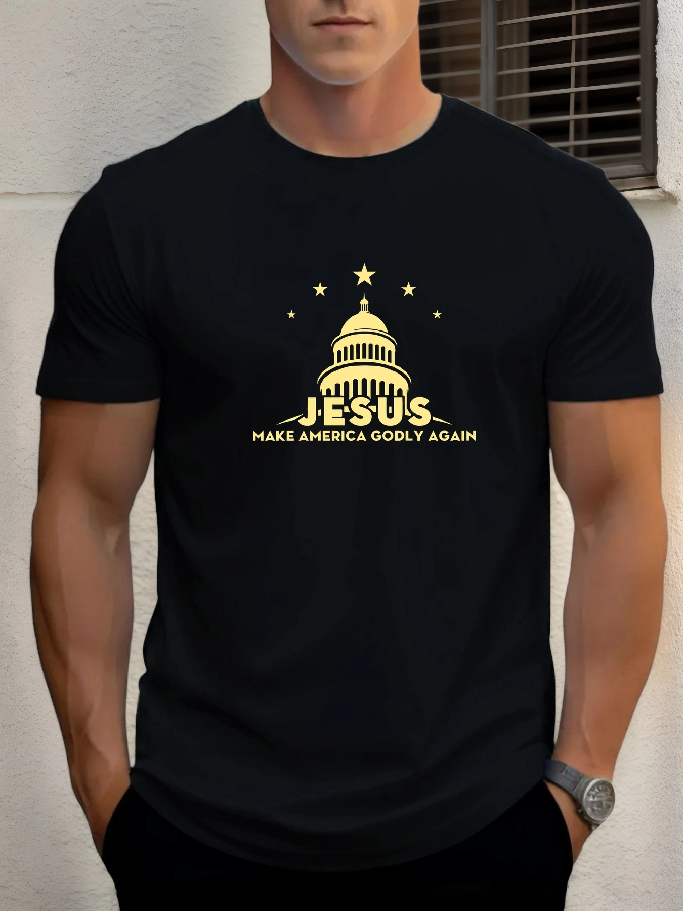 Men's Cotton T-Shirt, Summer Crew Neck Short Sleeves, Congress Building & Jesus Print Breathable Streetwear Fashion Cool T-Shirt
Men's Cotton T-Shirt, Summer Crew Neck Short Sleeves, Congress Building & Jesus Print Breathable Streetwear Fashion Cool T-Shirt