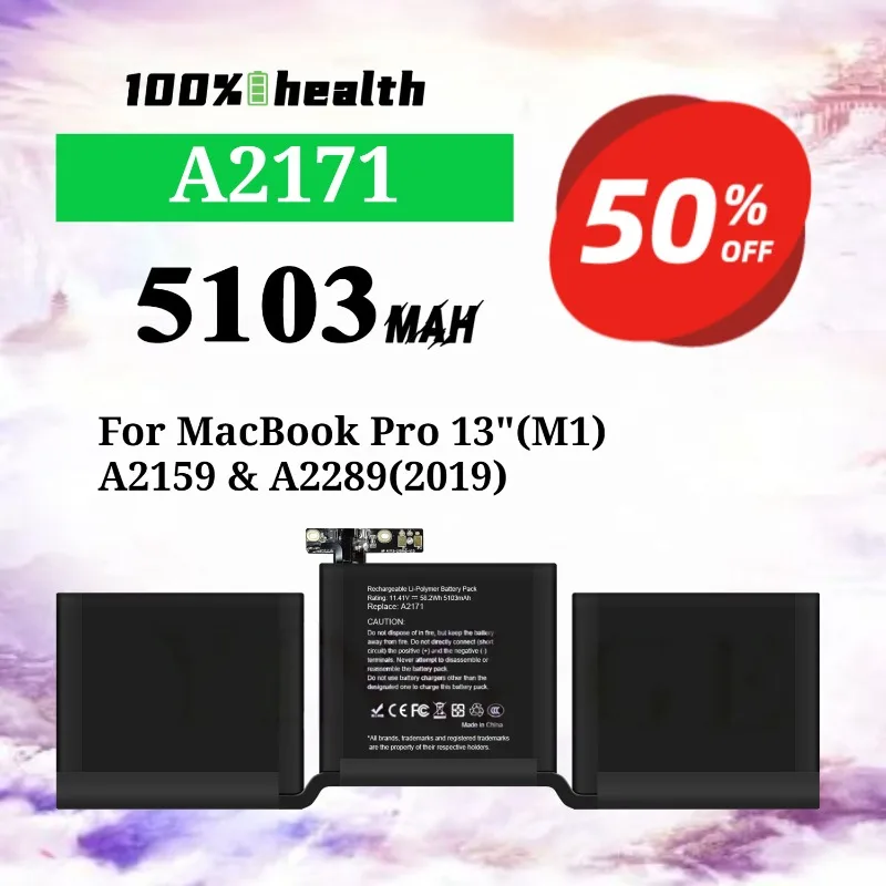 A2171 5103mAh Laptop Battery for Apple Pro 13''(M1)/A2159/A2289(2019) Lithium Rechargeable Battery
A2171 5103mAh Laptop Battery for Apple Pro 13''(M1)/A2159/A2289(2019) Lithium Rechargeable Battery