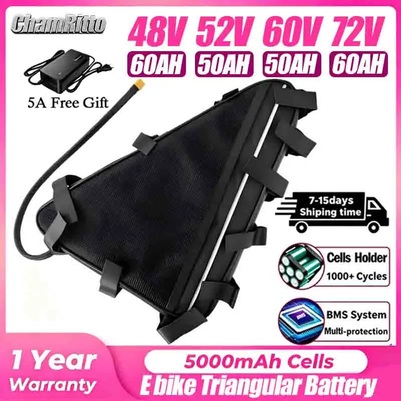 Ebike Lithium Battery with Charger, Huge Capacity Triangle Battery,36V,48V,52V,60V,72V,20Ah,24Ah 30Ah,40Ah 50Ah 60Ah 3000W 5000W
Ebike Lithium Battery with Charger, Huge Capacity Triangle Battery,36V,48V,52V,60V,72V,20Ah,24Ah 30Ah,40Ah 50Ah 60Ah 3000W 5000W