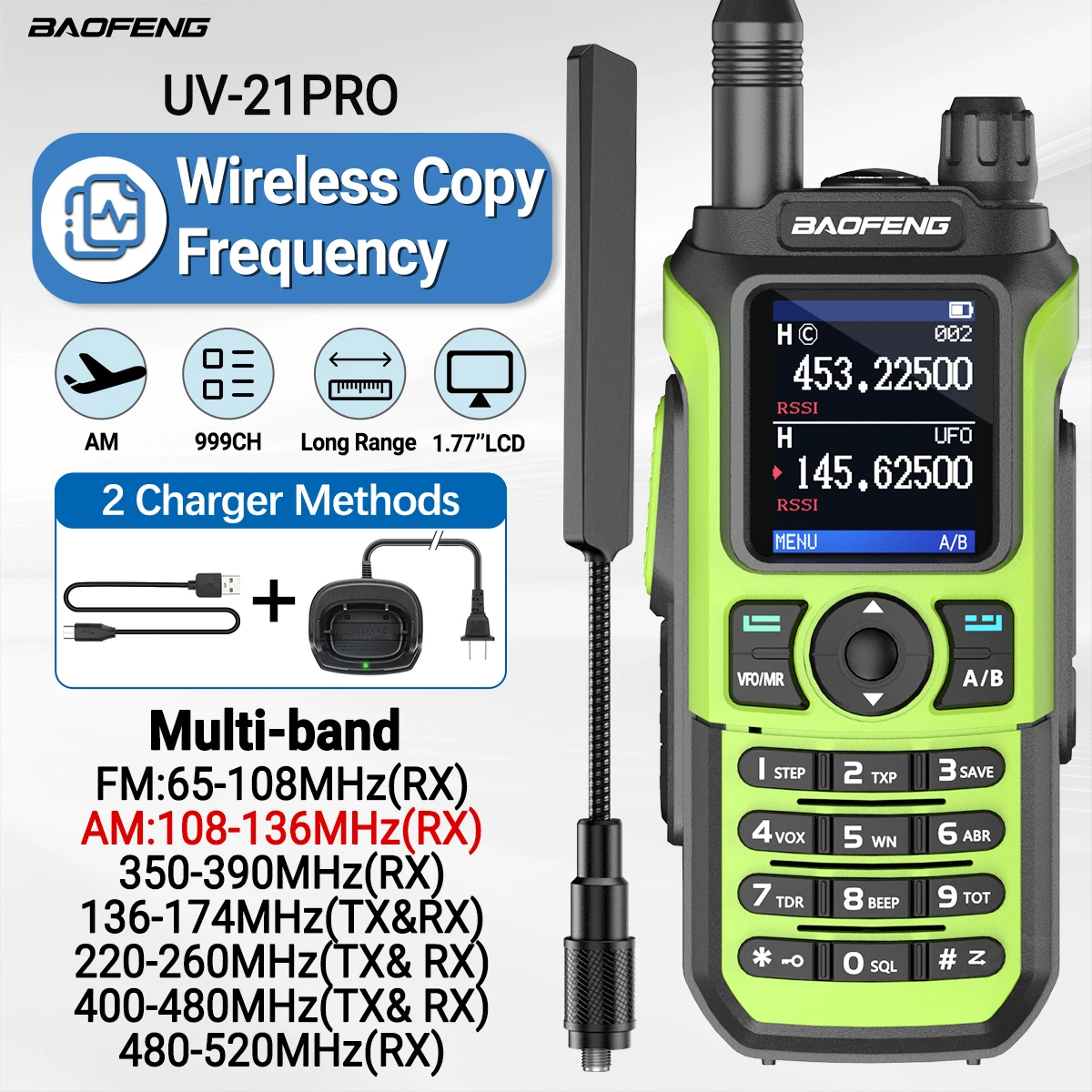 Рация Baofeng UV-21 Pro с функцией беспроводной копирования частоты, многодиапазонная, с поддержкой NOAA, большой дальности, Type-C, для UV-32, UV-5R, миниатюрная двухсторонняя рация для любительской радиосвязи.
Рация Baofeng UV-21 Pro с функцией беспроводной копирования частоты, многодиапазонная, с поддержкой NOAA, большой дальности, Type-C, для UV-32, UV-5R, миниатюрная двухсторонняя рация для любительской радиосвязи.