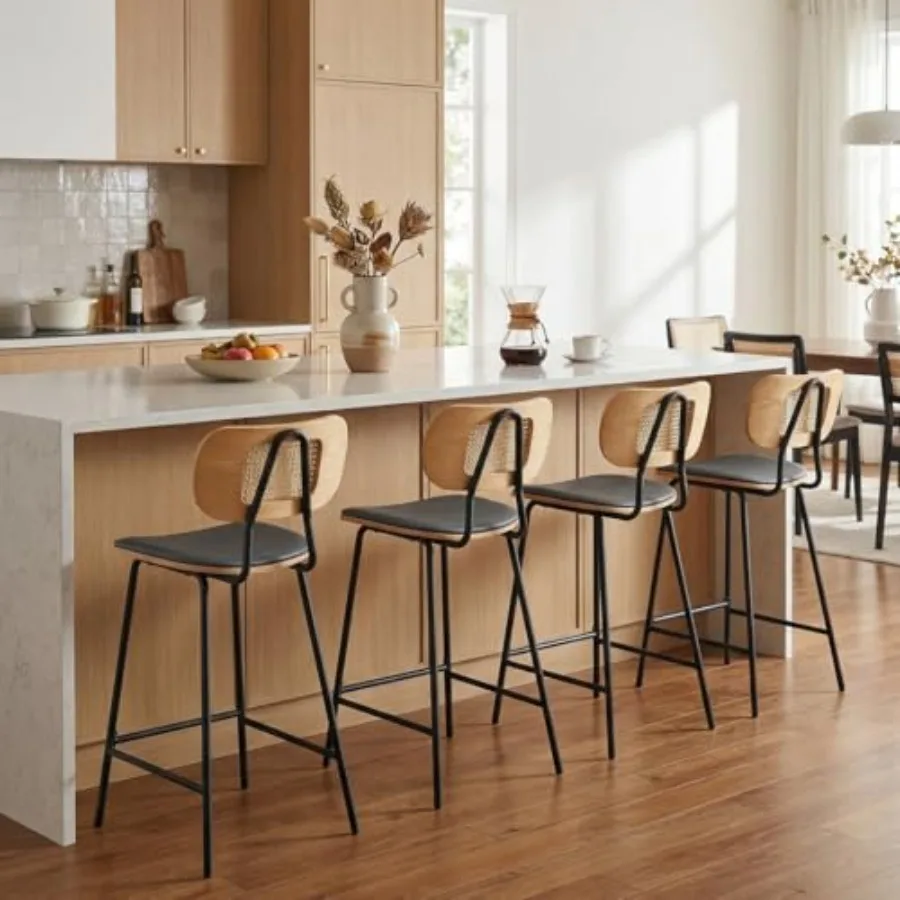 Mid-Century Bar Stools Set of 4, 26 Inch PU Leather Barstools with Open Rattan Backrest Metal Legs Armless Bar Chairs for Kitch
Mid-Century Bar Stools Set of 4, 26 Inch PU Leather Barstools with Open Rattan Backrest Metal Legs Armless Bar Chairs for Kitch