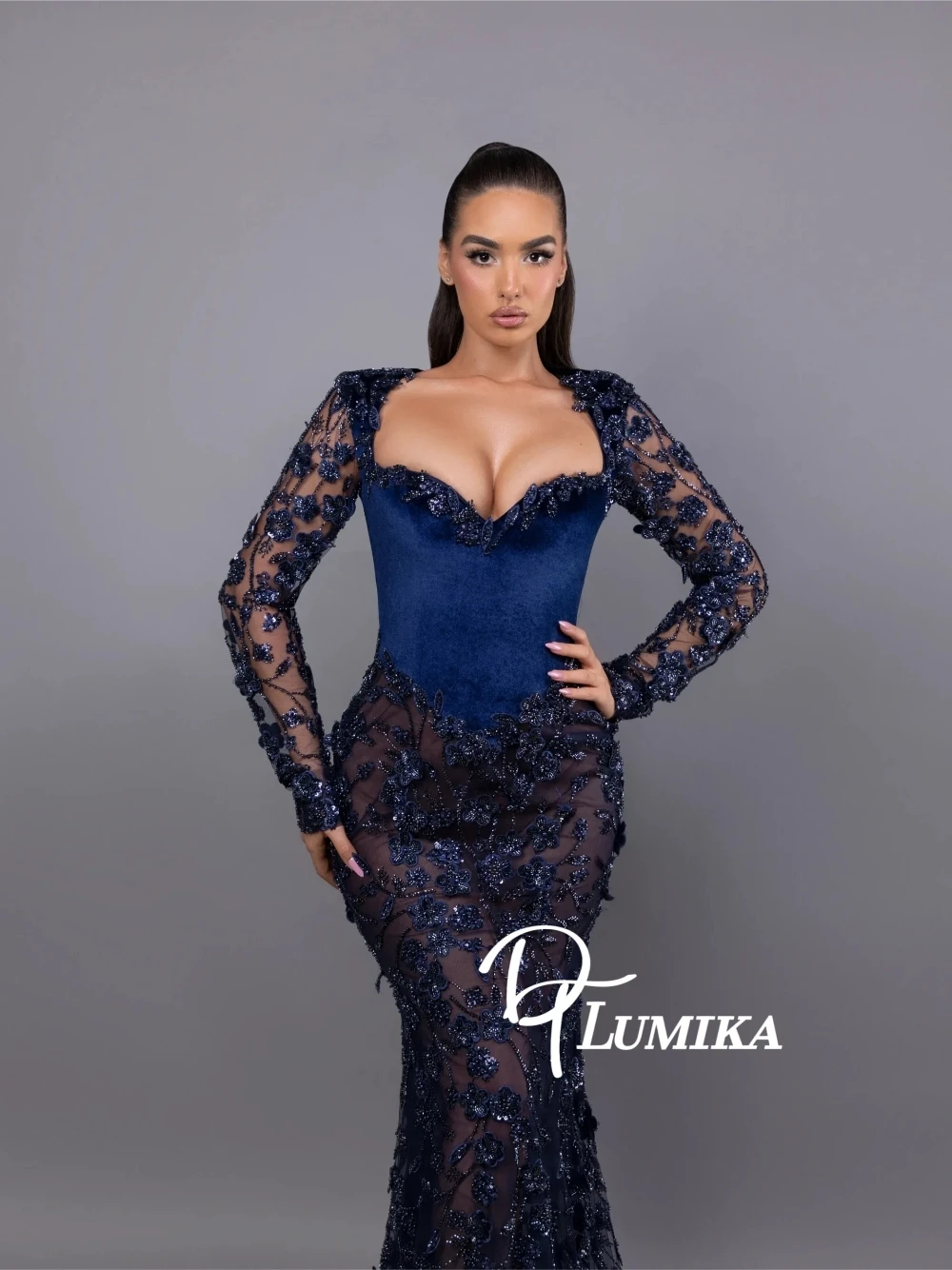Navy Blue Mermaid Evening Dress Long Sleeve Sweetheart Velvet Bodice Sequined Floral Formal Party Gown Customized For Women Prom
Navy Blue Mermaid Evening Dress Long Sleeve Sweetheart Velvet Bodice Sequined Floral Formal Party Gown Customized For Women Prom