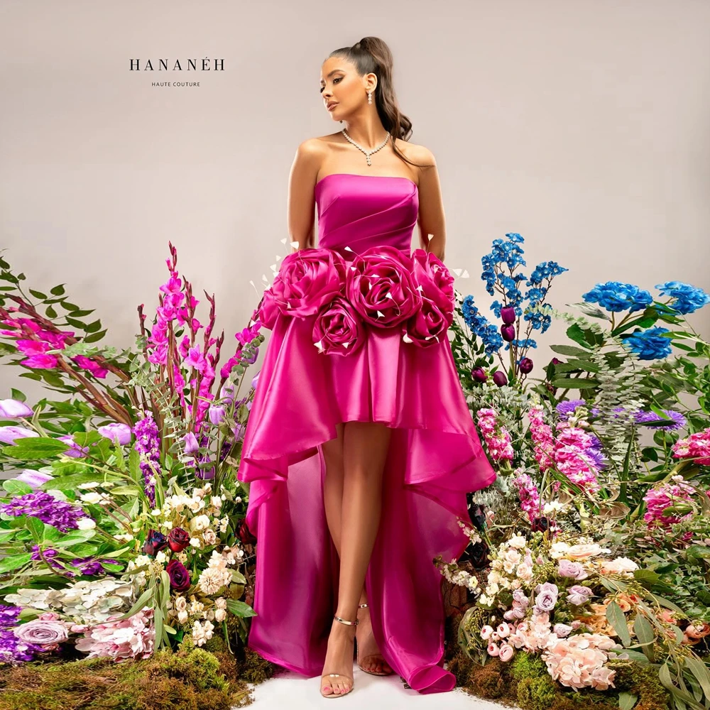 Hot Pink Satin Strapless Formal Dress Pretty 3D Floral Ruched High Low Asymmetrical Evening Gown Luxury Mesh Prom Party Gowns
Hot Pink Satin Strapless Formal Dress Pretty 3D Floral Ruched High Low Asymmetrical Evening Gown Luxury Mesh Prom Party Gowns