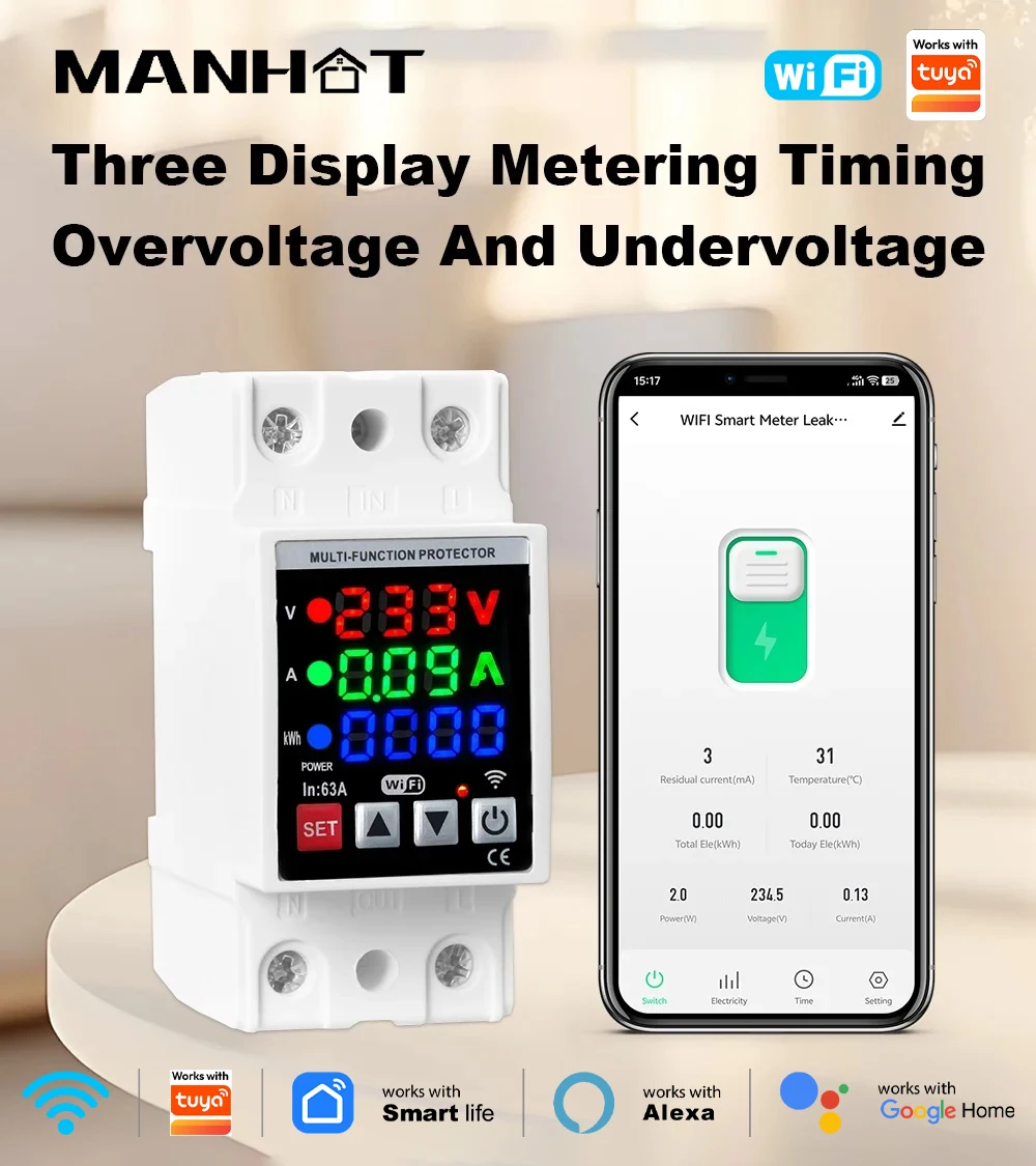 63A WIFI Smart Circuit Breaker Power Metering 3in1 Display DIN Rail Over Voltage And Under Voltage Protector Work Tuya Device
63A WIFI Smart Circuit Breaker Power Metering 3in1 Display DIN Rail Over Voltage And Under Voltage Protector Work Tuya Device