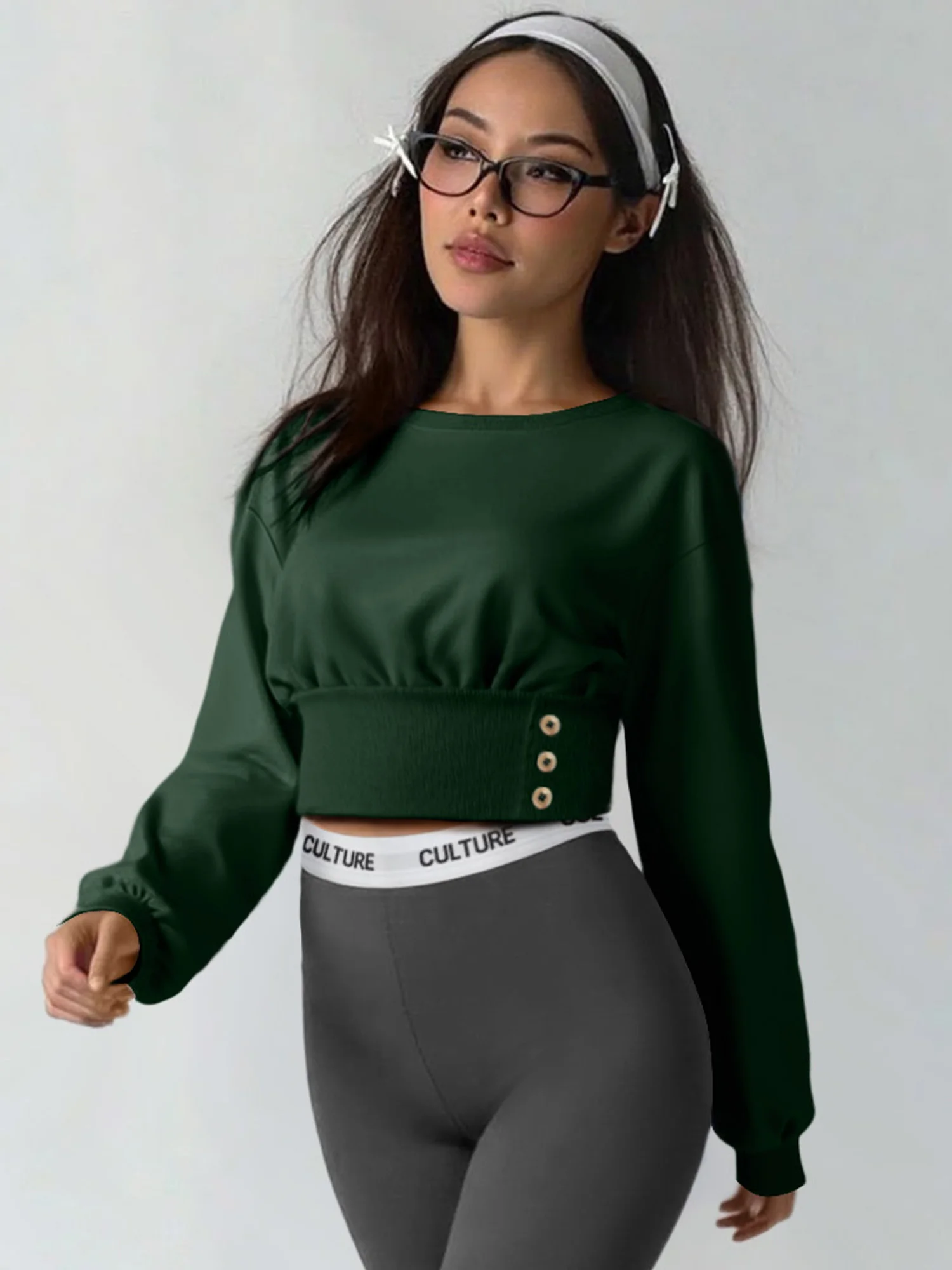 Women Fashion Solid Color Cropped Sweatshirt, Long Sleeve Crew Neck Ruched Waist Button Side Tops, Casual Street Style Pullover
Women Fashion Solid Color Cropped Sweatshirt, Long Sleeve Crew Neck Ruched Waist Button Side Tops, Casual Street Style Pullover