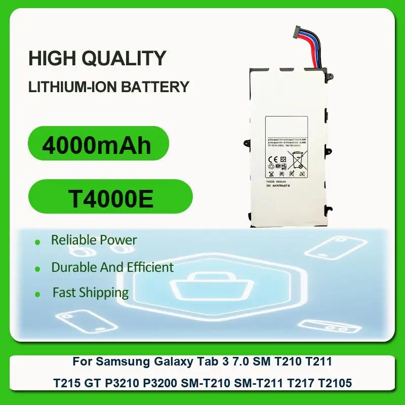 Tablet Battery For Samsung Galaxy Tab 3 7.0 SM T210 T211 T215 GT P3210 P3200 SM-T210 SM-T211 T217 T2105 T4000E 4000mAh
Tablet Battery For Samsung Galaxy Tab 3 7.0 SM T210 T211 T215 GT P3210 P3200 SM-T210 SM-T211 T217 T2105 T4000E 4000mAh