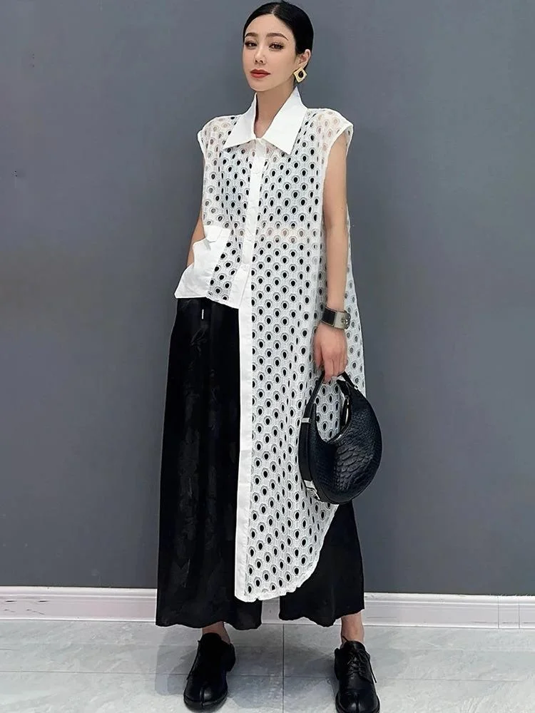 2025 Summer New Women's Long Shirt Mesh Hollow Sleeveless Loose Irregular Shirts Elegant Blouse Y2k Clothes топ женский топы
2025 Summer New Women's Long Shirt Mesh Hollow Sleeveless Loose Irregular Shirts Elegant Blouse Y2k Clothes топ женский топы