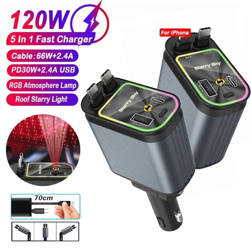 Выдвижное автомобильное зарядное устройство для телефона 4 в 1, 120 Вт с USB C Lightning-кабелем, быстрая зарядка Starlight на крыше для телефонов IPhone Samsung
Выдвижное автомобильное зарядное устройство для телефона 4 в 1, 120 Вт с USB C Lightning-кабелем, быстрая зарядка Starlight на крыше для телефонов IPhone Samsung
