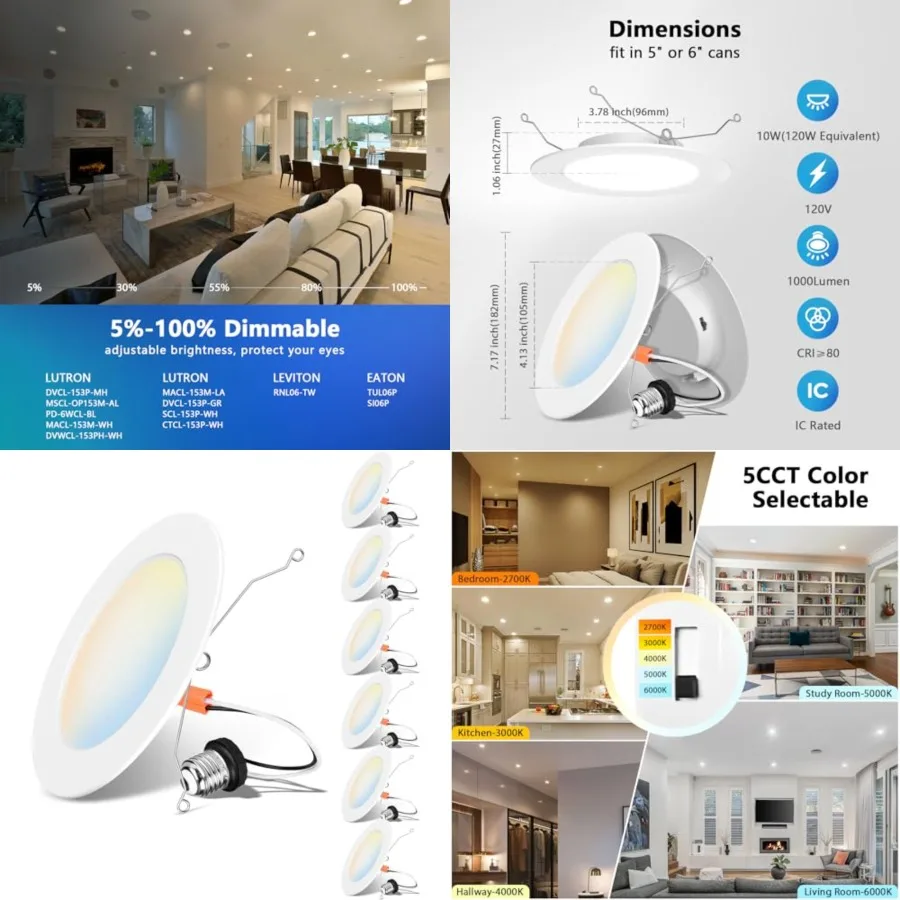 Recessed Lighting 6 Inch, Recessed Lights Color Selectable 2700/3000/4000/5000/6000K 5CCT, 10W 120W Equivalent Dimmable LED Can
Recessed Lighting 6 Inch, Recessed Lights Color Selectable 2700/3000/4000/5000/6000K 5CCT, 10W 120W Equivalent Dimmable LED Can