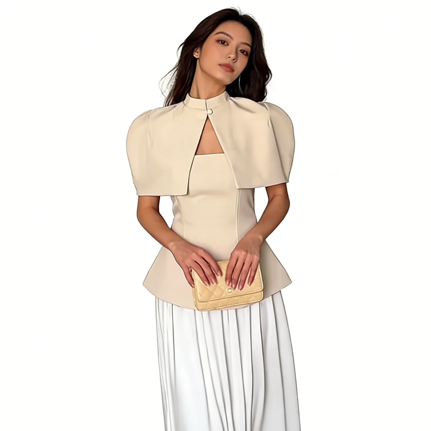 LIMO Elegant Beige Cape Peplum Blouse 2026, Women's Stand Collar Cutout Formal Office Top
LIMO Elegant Beige Cape Peplum Blouse 2026, Women's Stand Collar Cutout Formal Office Top