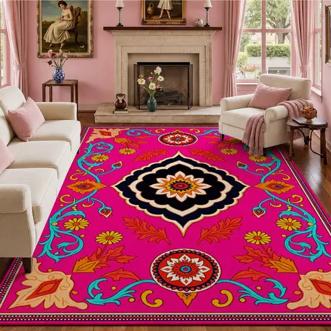 Vibrant Ornate Ethnic Floral Pattern Luxury Velvet Area Rug, Machine Washable, Perfect for Living Room, Bedroom, Entryway, Dining Room, Ideal Decor for Halloween, Thanksgiving, Christmas, New Year Celebrations