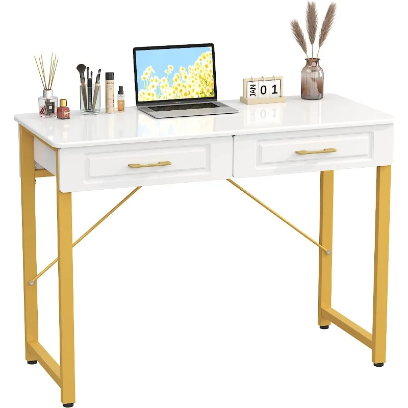 Modern Makeup Vanity Desk with Glossy Desktop,Bedroom Home Office Writing Desk with Drawers, Storage Shelf, Gold Metal
Modern Makeup Vanity Desk with Glossy Desktop,Bedroom Home Office Writing Desk with Drawers, Storage Shelf, Gold Metal
