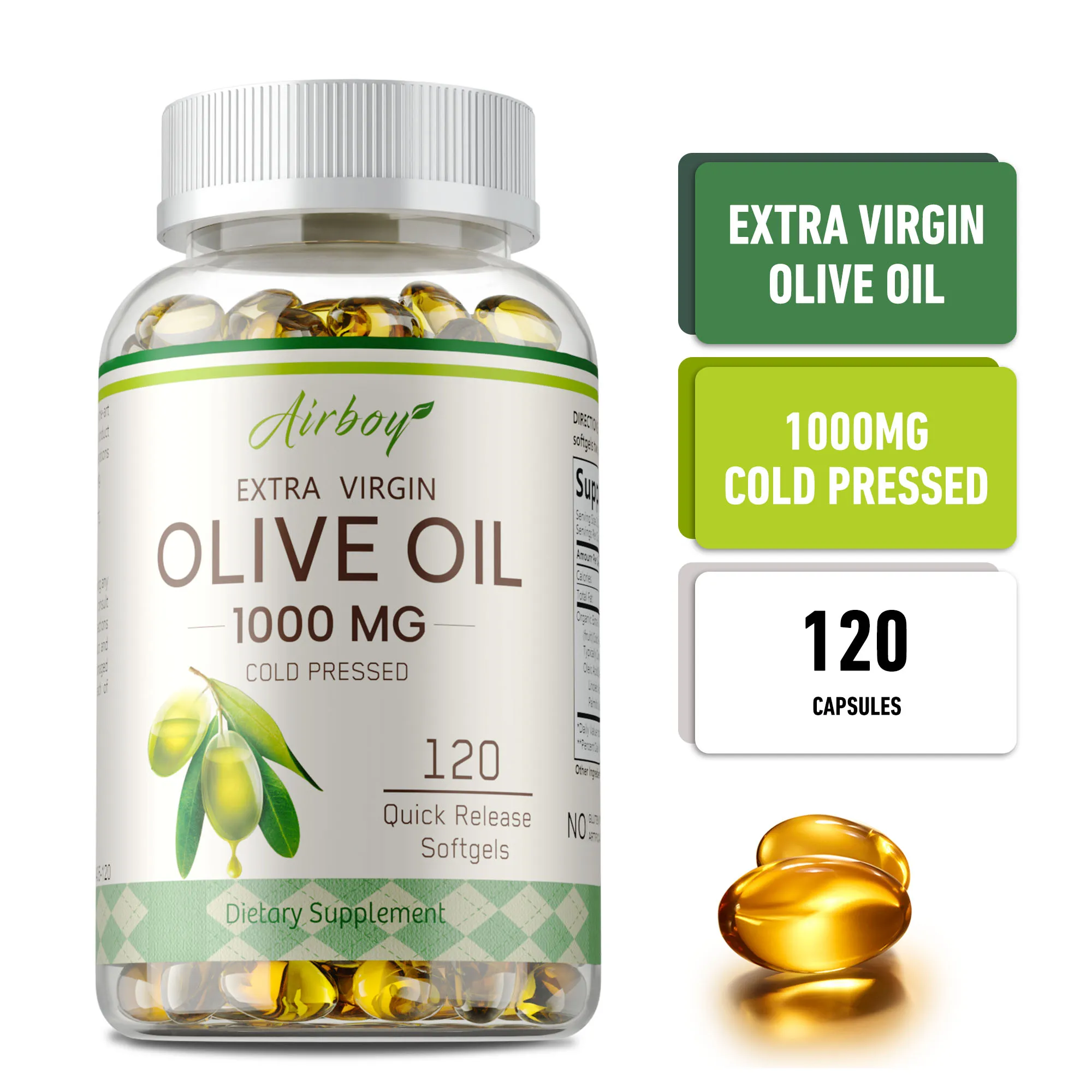 Olive Oil Capsules - Antioxidant, Reduces Dry Skin, Promotes Blood Circulation, Supports Brain, Heart and Cardiovascular Health
Olive Oil Capsules - Antioxidant, Reduces Dry Skin, Promotes Blood Circulation, Supports Brain, Heart and Cardiovascular Health