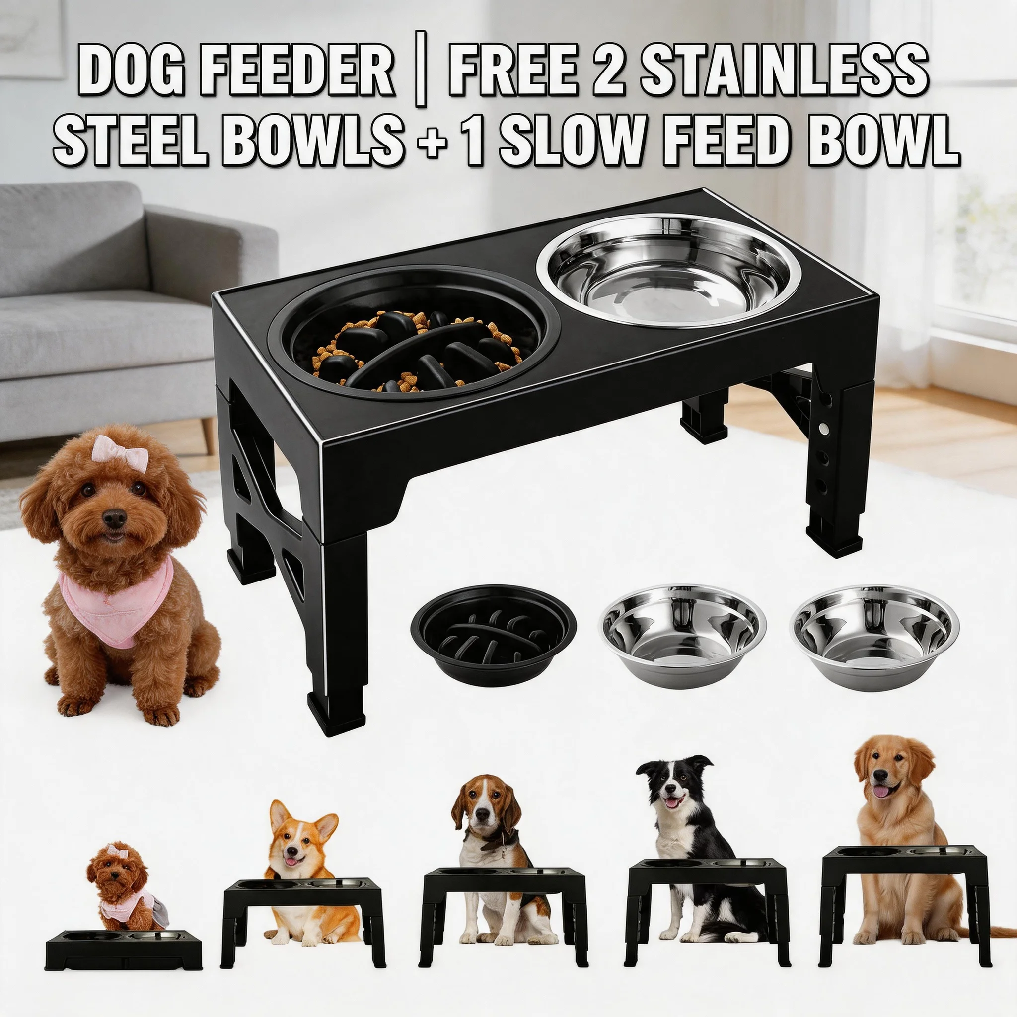 Adjustable Elevated Dog Feeder Raised Stand with 2 Stainless Bowls 1 Slow Feed Bowl for Small Medium Large Dogs Pet Feeding Use
Adjustable Elevated Dog Feeder Raised Stand with 2 Stainless Bowls 1 Slow Feed Bowl for Small Medium Large Dogs Pet Feeding Use