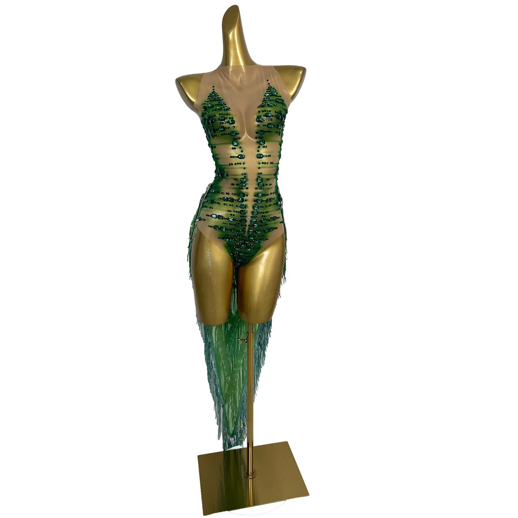 Zacao Nude Mesh Green Rhinestone Bodysuit with High Neck and Long Fringe Tail for Stage Performances and Drag Queen Shows
Zacao Nude Mesh Green Rhinestone Bodysuit with High Neck and Long Fringe Tail for Stage Performances and Drag Queen Shows