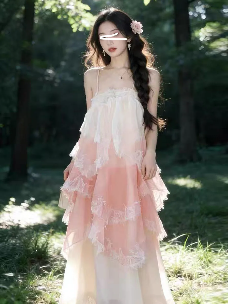 Sweet Holiday Style Gradual Pink Lace Strap Dress Women's Summer Slimming Fairy Tale Long Dress Cake Skirt High Waist Zipper
Sweet Holiday Style Gradual Pink Lace Strap Dress Women's Summer Slimming Fairy Tale Long Dress Cake Skirt High Waist Zipper