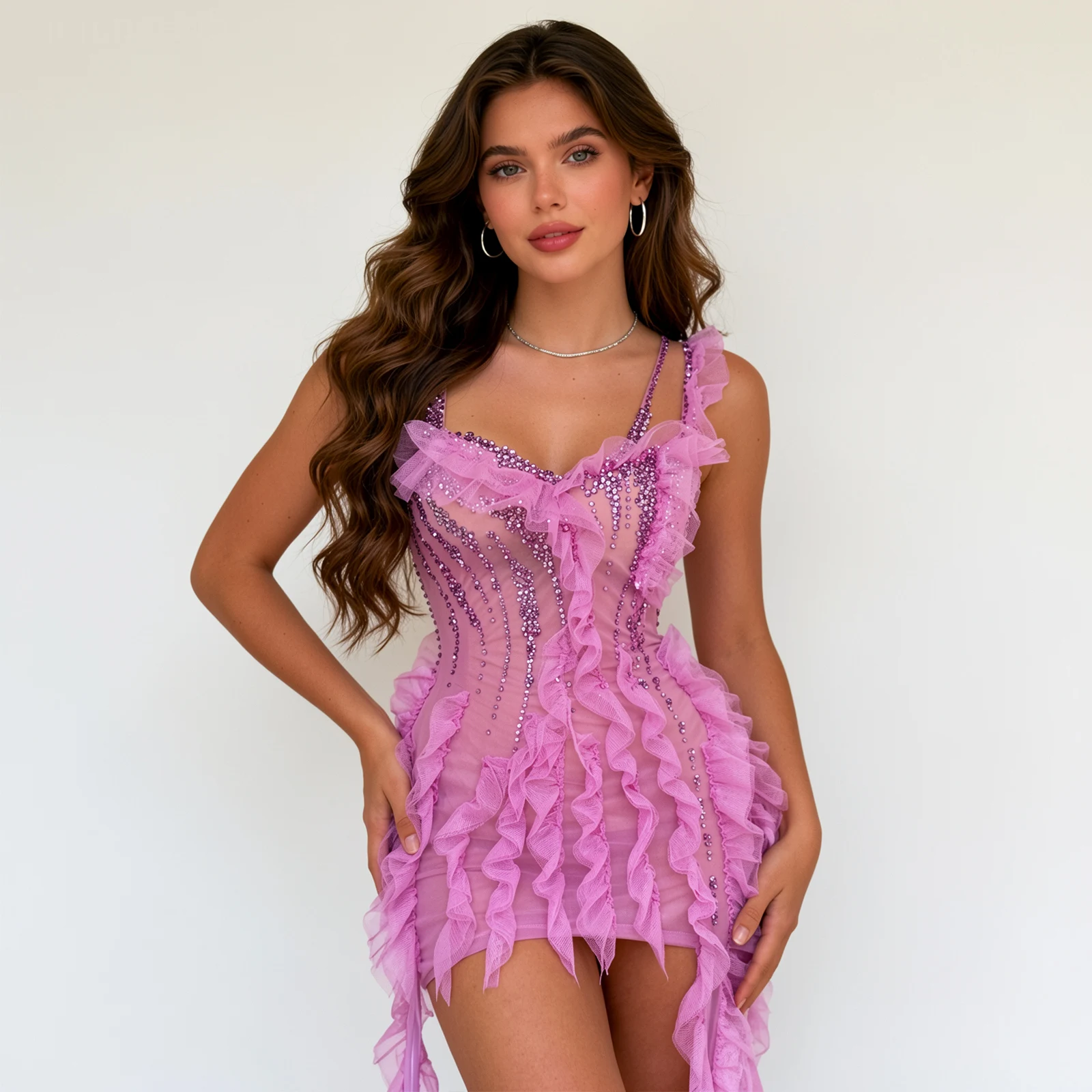 Sexy Pink Sequin Ruffled Mini Dress Bodycon Mesh Sparkly Rhinestone Party Evening Dresses Luxury Spaghetti Strap Clubwear Outfit
Sexy Pink Sequin Ruffled Mini Dress Bodycon Mesh Sparkly Rhinestone Party Evening Dresses Luxury Spaghetti Strap Clubwear Outfit