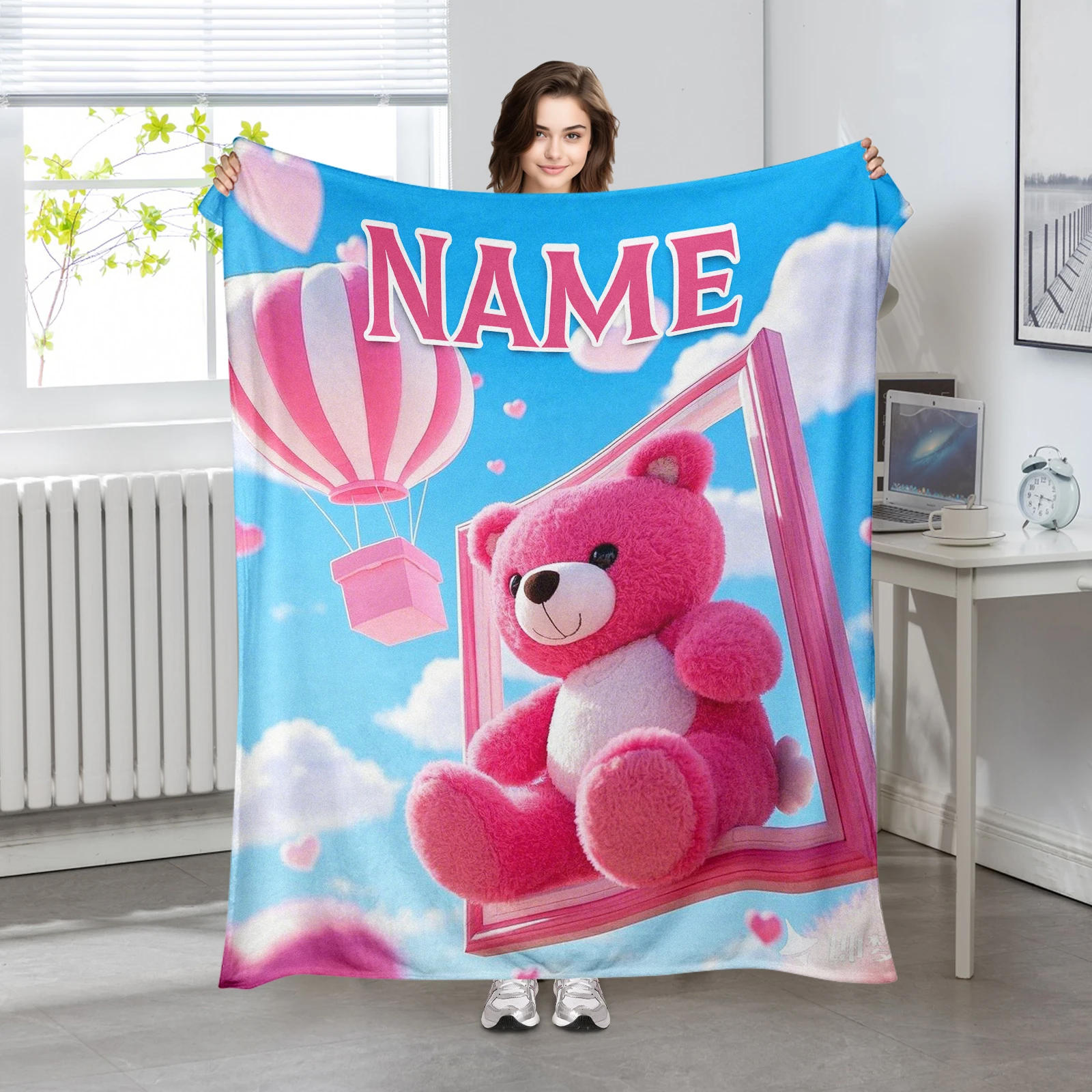 Valentine'S Day Flannel Blanket With Bear And Hot Air Balloon Design, Custom Text For Couples And Lovers
Valentine'S Day Flannel Blanket With Bear And Hot Air Balloon Design, Custom Text For Couples And Lovers
