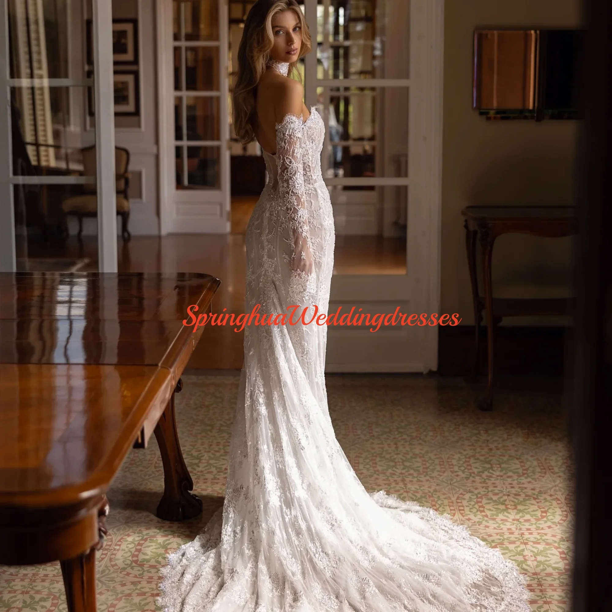 Mermaid Lace Wedding Dresses Illussion Strapless Pearl Backless Bride Prom Gown Floor-Length Tail Bridal Gown
Mermaid Lace Wedding Dresses Illussion Strapless Pearl Backless Bride Prom Gown Floor-Length Tail Bridal Gown