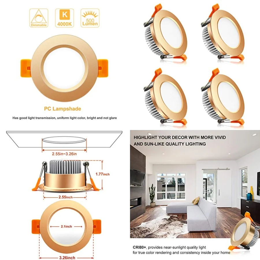 3 Inch LED Recessed Lighting, Dimmable Downlight 5W 40W Halogen Equivalent,4000K Natural White Ceiling Light, CRI80, Gold Trim
3 Inch LED Recessed Lighting, Dimmable Downlight 5W 40W Halogen Equivalent,4000K Natural White Ceiling Light, CRI80, Gold Trim