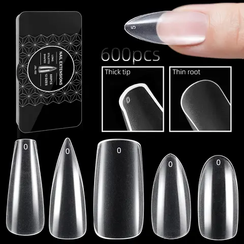 600 punte per unghie in gel Unghie lunghe a forma di mandorla Nessun lucidatura richiesta 12 dimensioni nell'estensione delle unghie con finitura opaca trasparente