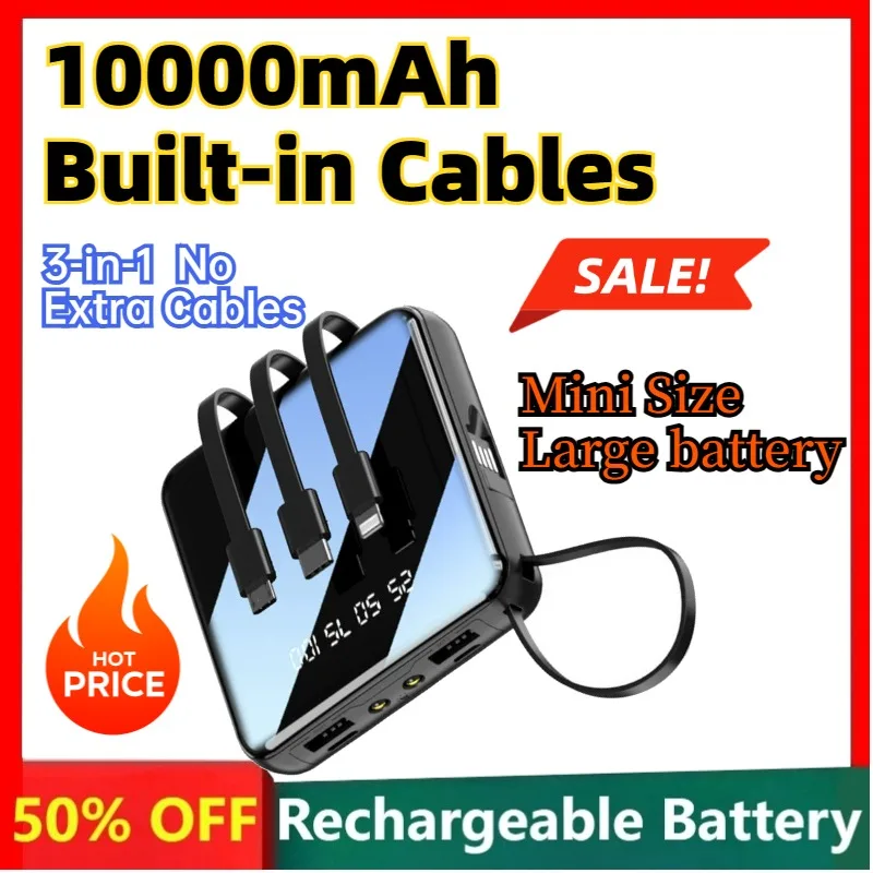 10000mAh Mini Power Bank with Built-in Cables 3-in-1 Portable Charger Fast Charging Battery Pack for IOS Android
10000mAh Mini Power Bank with Built-in Cables 3-in-1 Portable Charger Fast Charging Battery Pack for IOS Android