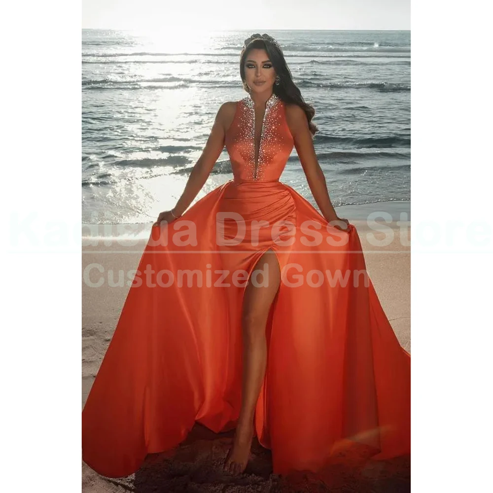 Sexy Women Orange Evening Dresses Formal V-Neck Sleeveless Crystal Dress High Split Chapel Train Special Occasion Prom Gowns
Sexy Women Orange Evening Dresses Formal V-Neck Sleeveless Crystal Dress High Split Chapel Train Special Occasion Prom Gowns