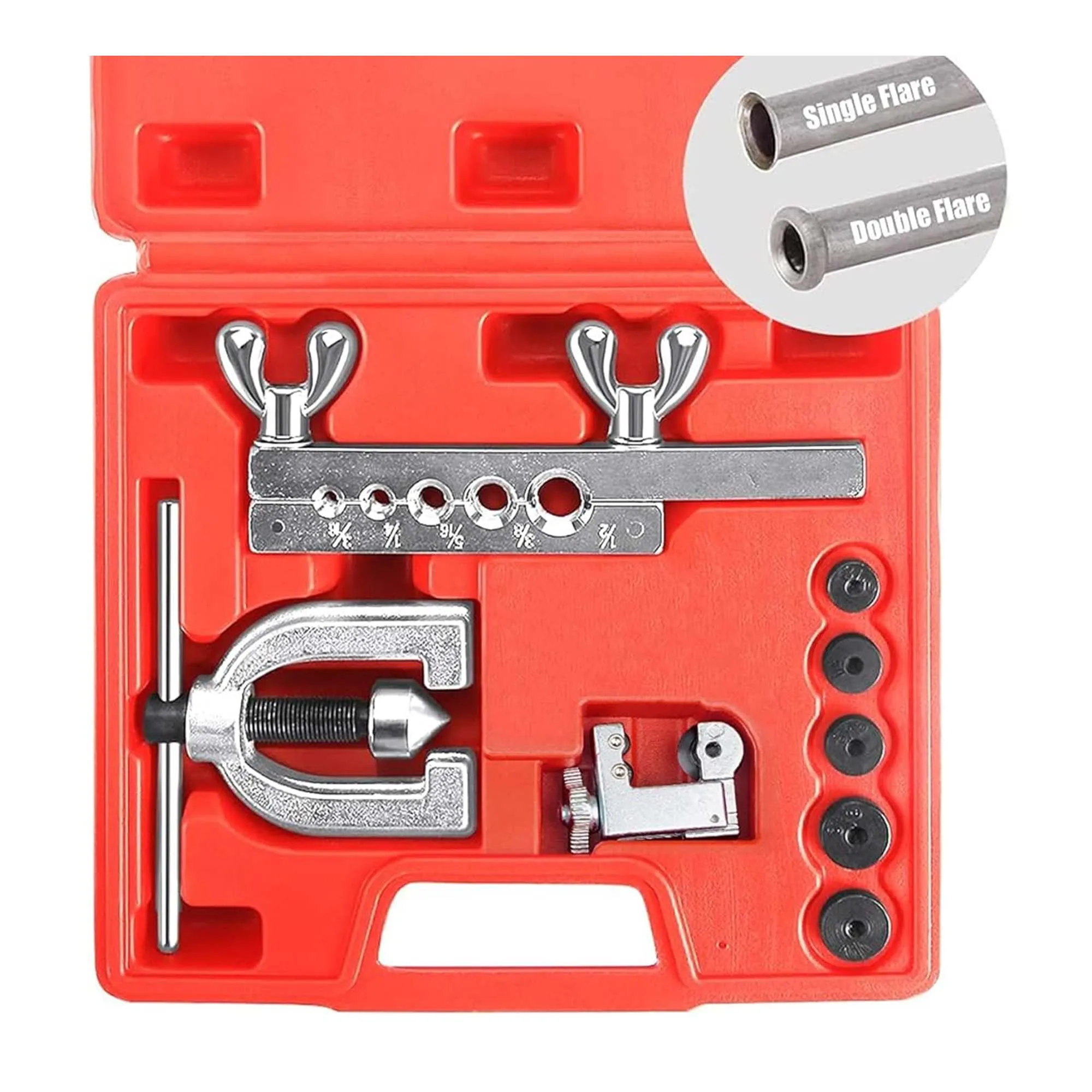 Flaring Tool Kit-Double Single Tubing Flaring Tool Repair Kit with Tube Cutter and 5 Adapters Compatible with Copper
Flaring Tool Kit-Double Single Tubing Flaring Tool Repair Kit with Tube Cutter and 5 Adapters Compatible with Copper