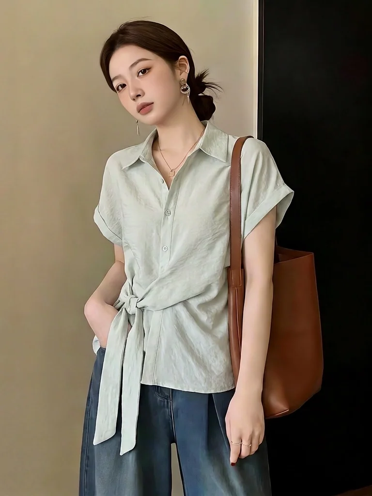 Sweet And Salty Shoulder Short Sleeve Shirt Women's plus Size Micro Fat MM Belt Waist Slimming Top Korean Style Commute Wind
Sweet And Salty Shoulder Short Sleeve Shirt Women's plus Size Micro Fat MM Belt Waist Slimming Top Korean Style Commute Wind