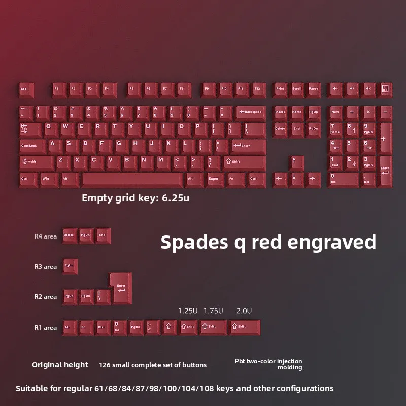 KUXM Red Spade Q PBT Keycaps 126 Keys Original Height Double Color Front Engraving Small Full Set 
KUXM Red Spade Q PBT Keycaps 126 Keys Original Height Double Color Front Engraving Small Full Set