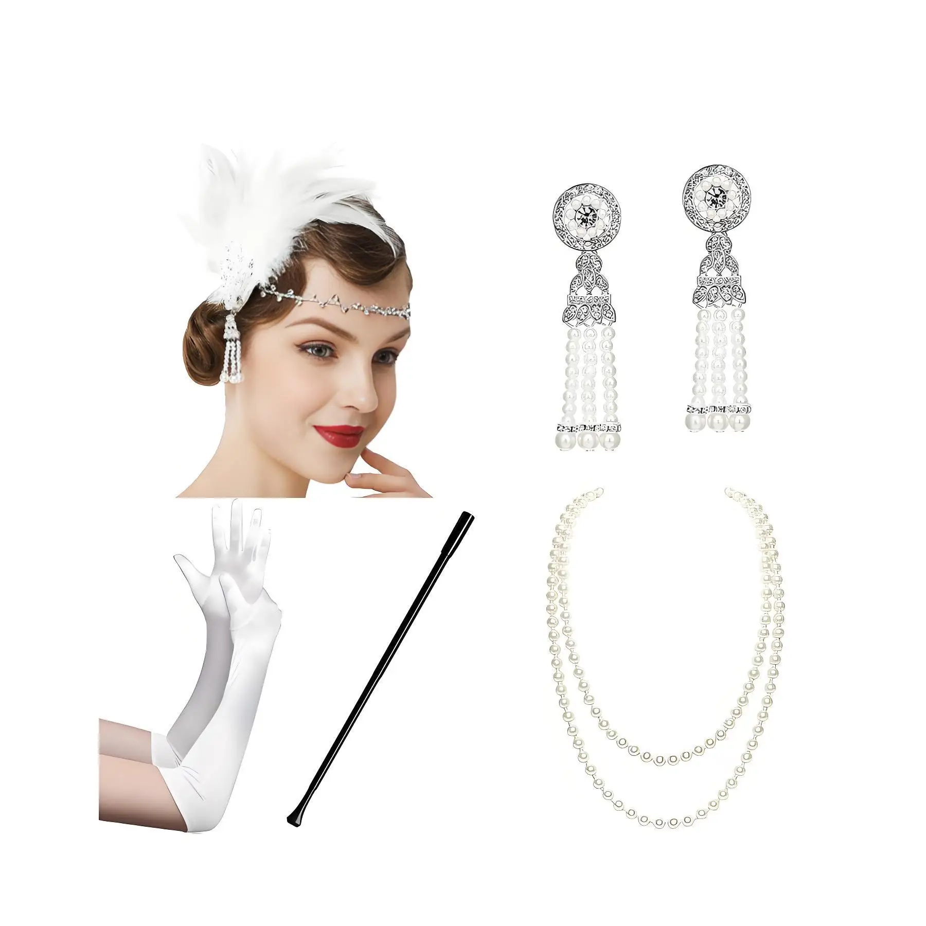 1920s Vintage Flapper Gatsby Costume Accessories Set pearl necklace white feather band Necklace Gloves Cigarette Holder Earring
1920s Vintage Flapper Gatsby Costume Accessories Set pearl necklace white feather band Necklace Gloves Cigarette Holder Earring
