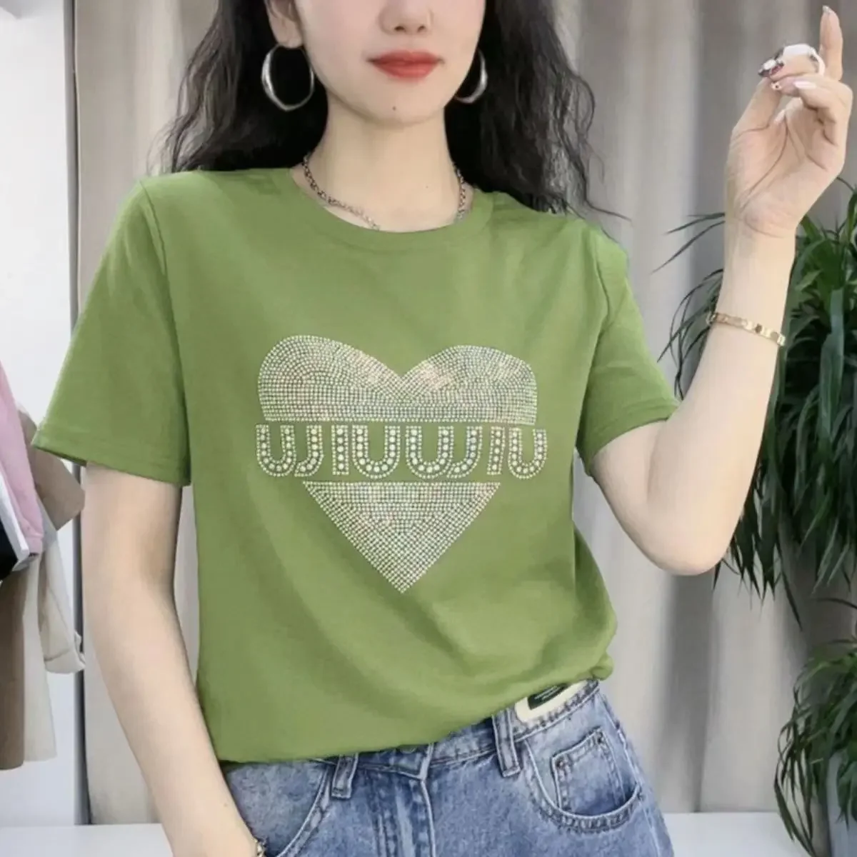 Cotton Fashion Round Neck Short Sleeve Tee T-shirt Women's 2023 Summer New Letter Printed Heart Shaped Hot Diamond Tees Tops
Cotton Fashion Round Neck Short Sleeve Tee T-shirt Women's 2023 Summer New Letter Printed Heart Shaped Hot Diamond Tees Tops