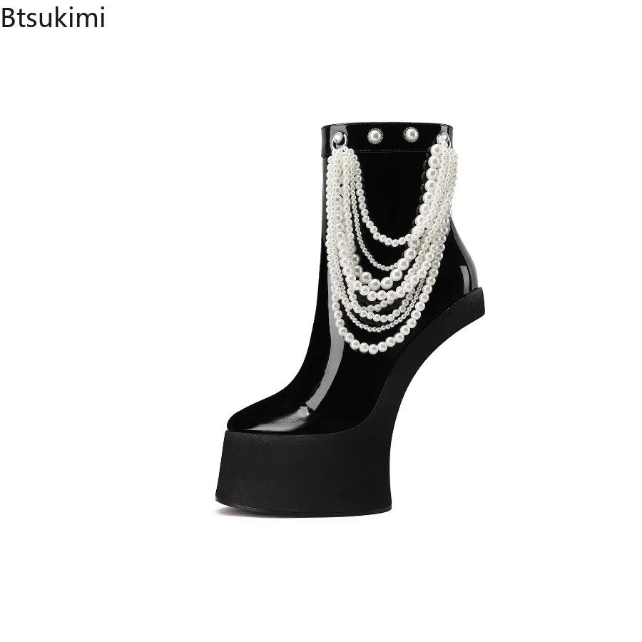 Strange Style Pearl Chain Decoration Boots Pointed Toe Horseshoe Heel Side Zip Black Patent Leather Women Fashion Mid Calf Shoes
Strange Style Pearl Chain Decoration Boots Pointed Toe Horseshoe Heel Side Zip Black Patent Leather Women Fashion Mid Calf Shoes