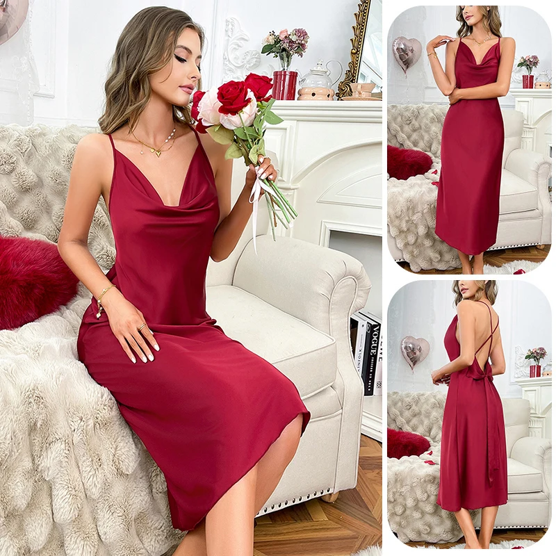 Summer Women's Pajamas Solid Satin Night Dress Wine Red Backless Home Wear Big Bow Princess Sleepwear Swinging Collar Nightgowns
Summer Women's Pajamas Solid Satin Night Dress Wine Red Backless Home Wear Big Bow Princess Sleepwear Swinging Collar Nightgowns