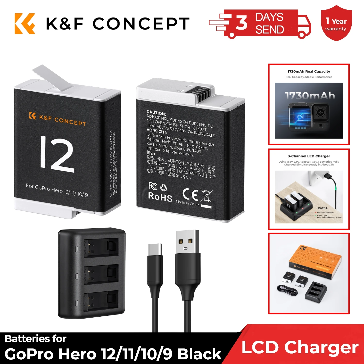 K&F Concept 1730mAh Batteries for GoPro Hero 12/11/10/9 Black with 3-Channel LCD USB Fast Charger Fit for Camera Video Batteries
K&F Concept 1730mAh Batteries for GoPro Hero 12/11/10/9 Black with 3-Channel LCD USB Fast Charger Fit for Camera Video Batteries