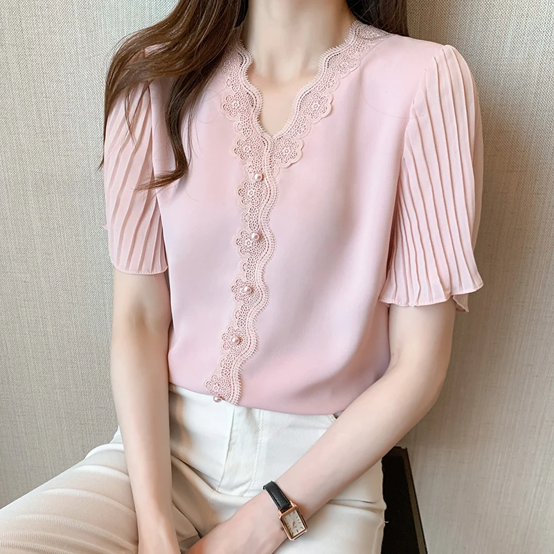 Women's V-neck Button Lace-Trim Chiffon Shirts Blouses Elegant Ladies Pleated Short Sleeve Summer White Pink Top Korean Sweet
Women's V-neck Button Lace-Trim Chiffon Shirts Blouses Elegant Ladies Pleated Short Sleeve Summer White Pink Top Korean Sweet