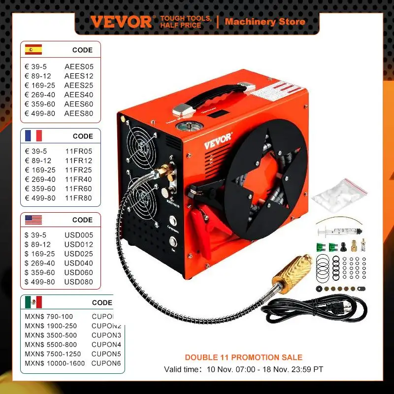 VEVOR 4500Psi PCP Air Compressor High Pressure Pump 12V 110V 220V Built-in Adapter & Fan Auto-stop for Air Rifle, Diving Bottle
VEVOR 4500Psi PCP Air Compressor High Pressure Pump 12V 110V 220V Built-in Adapter & Fan Auto-stop for Air Rifle, Diving Bottle
