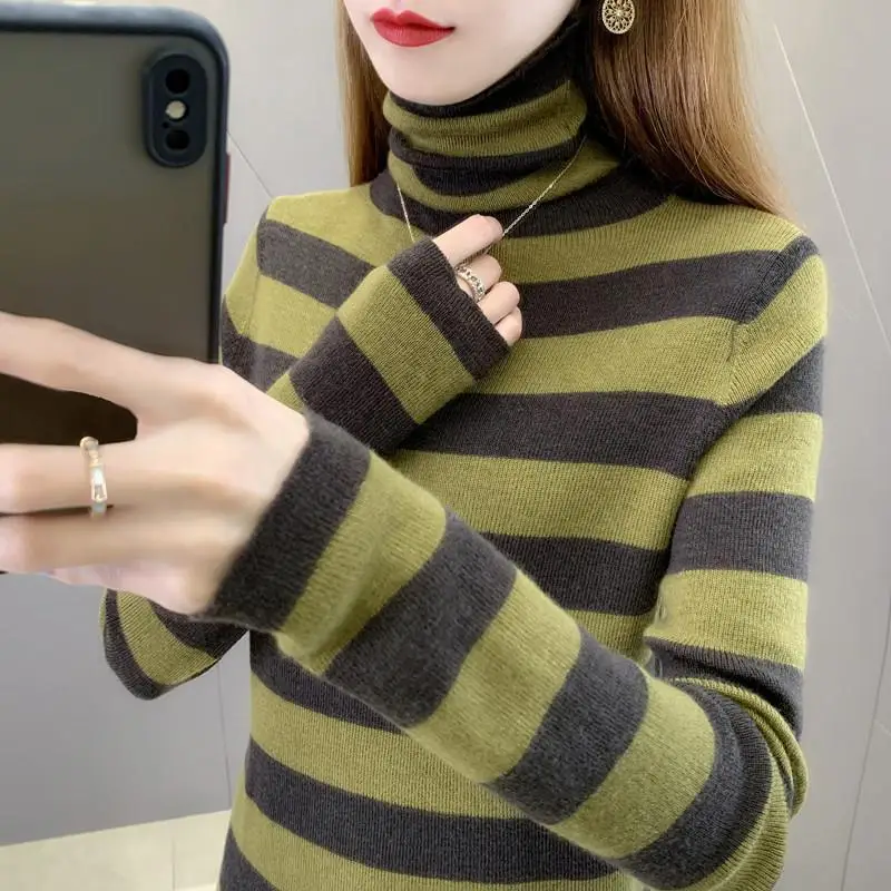 Women Clothing Autumn Winter Korean Fashion Striped Knitted Sweater High Collar Long Sleeve Slim All Match Pullover Tops Jumper
Women Clothing Autumn Winter Korean Fashion Striped Knitted Sweater High Collar Long Sleeve Slim All Match Pullover Tops Jumper
