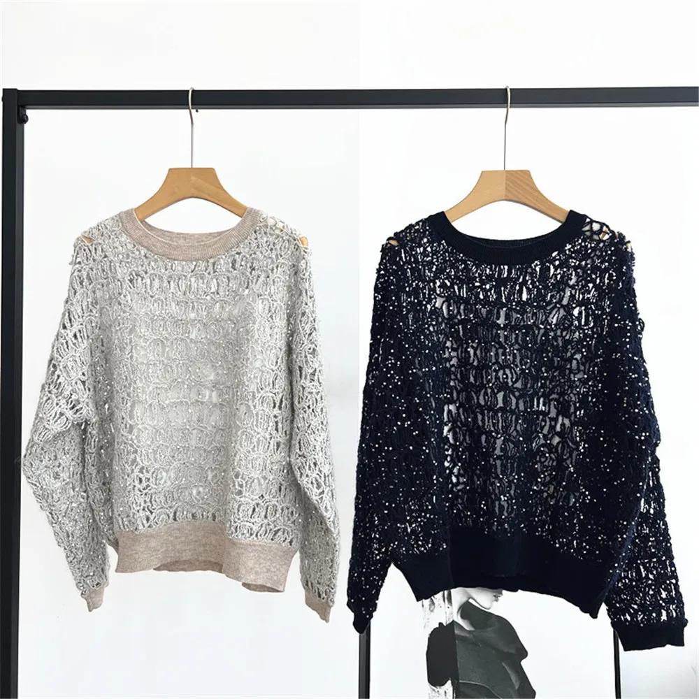 25 Early Autumn New Two-Piece Round Neck Shoulder Long Sleeved Colour Blocked hollow Sequin Women's Knitted Pullover
25 Early Autumn New Two-Piece Round Neck Shoulder Long Sleeved Colour Blocked hollow Sequin Women's Knitted Pullover