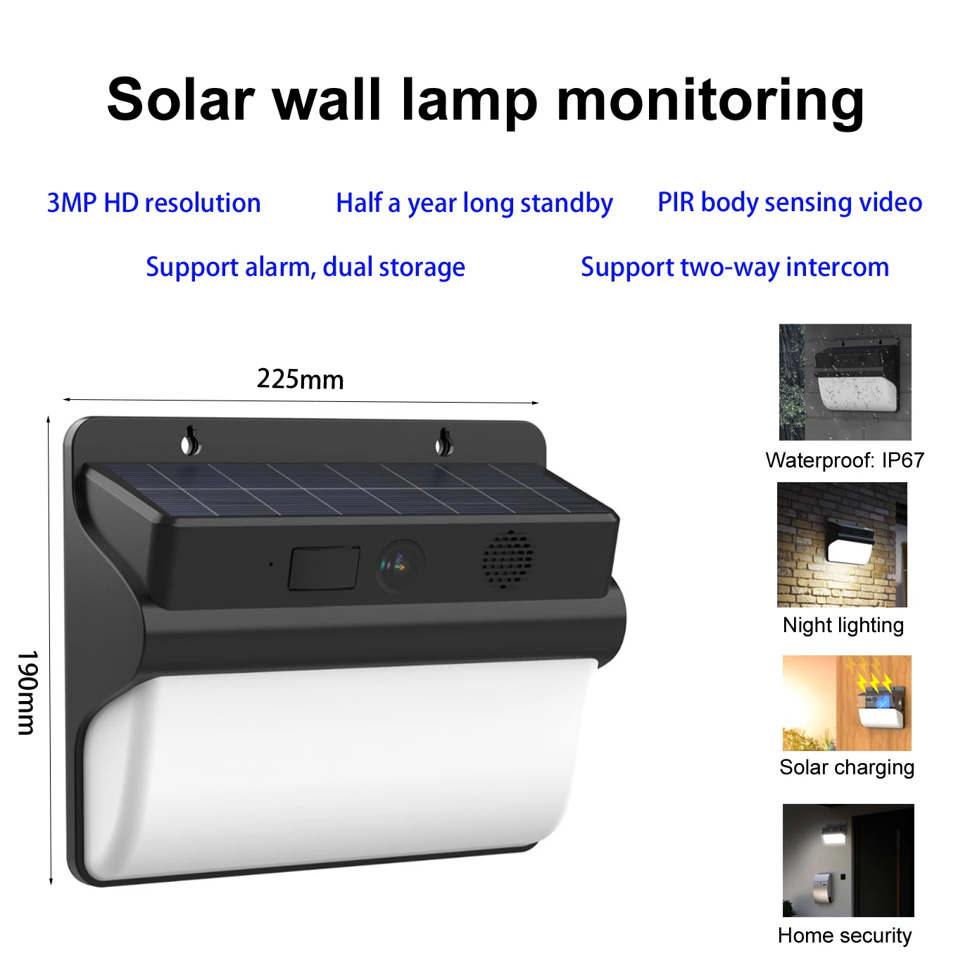 Solar surveillance camera outdoor wireless WiFi cloud storage waterproof IP67 camera wall lamp spotlight motion detection
Solar surveillance camera outdoor wireless WiFi cloud storage waterproof IP67 camera wall lamp spotlight motion detection