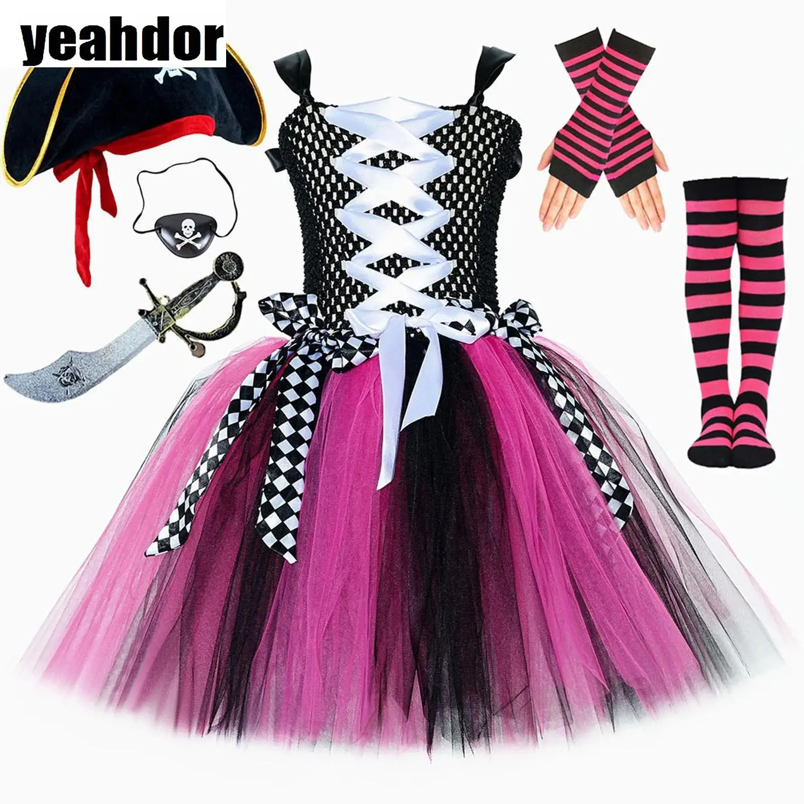 Girls Pirate Cosplay Costume Lace-Up Puffy Mesh Ballet Tutu Dress with Skull Print Hat Mask 4Pcs/ 6Pcs Halloween Pirate Dress Up
Girls Pirate Cosplay Costume Lace-Up Puffy Mesh Ballet Tutu Dress with Skull Print Hat Mask 4Pcs/ 6Pcs Halloween Pirate Dress Up