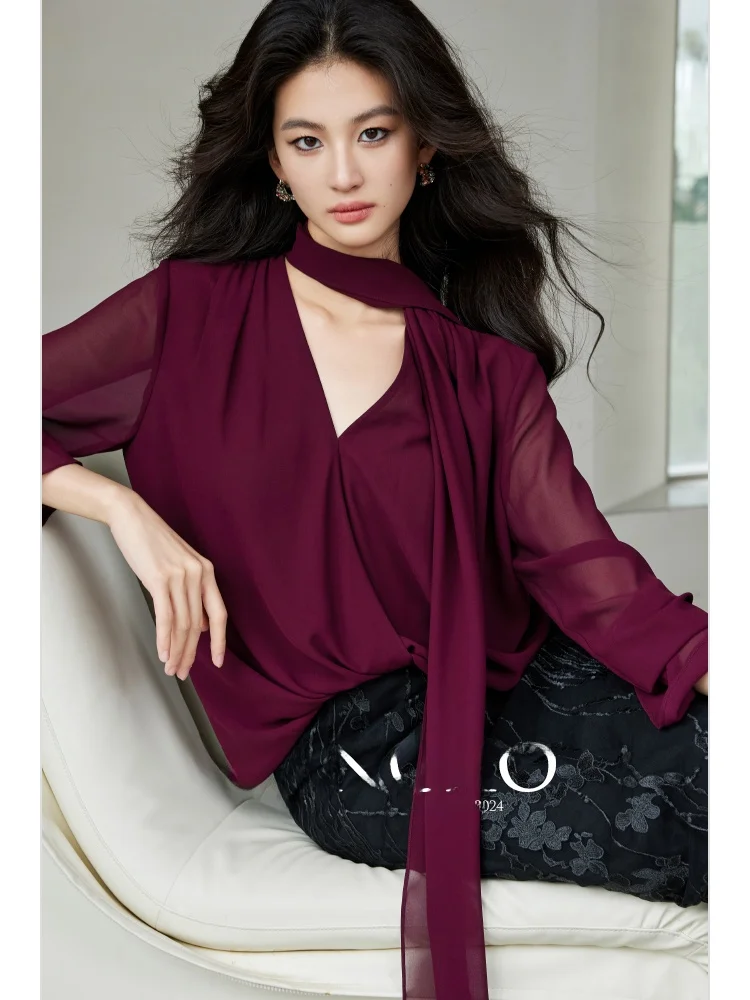 WANGXO High Twist Pearl Chiffon Halter Neck Multi-Tie V-Neck Semi-Transparent Chiffon Top Korean Style Commute Wind Loose Fit
WANGXO High Twist Pearl Chiffon Halter Neck Multi-Tie V-Neck Semi-Transparent Chiffon Top Korean Style Commute Wind Loose Fit