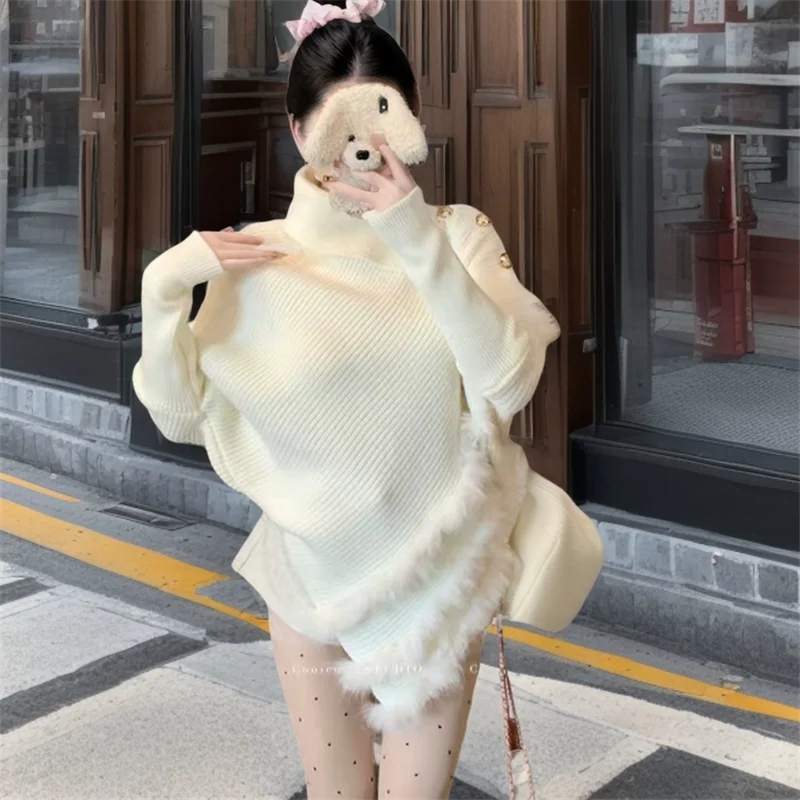 French White Turtleneck Irregular Knit Shawl Sweater Women Fashion Fur Patchwork High Neck Cloak Loose Long Sleeve Pullover Top
French White Turtleneck Irregular Knit Shawl Sweater Women Fashion Fur Patchwork High Neck Cloak Loose Long Sleeve Pullover Top