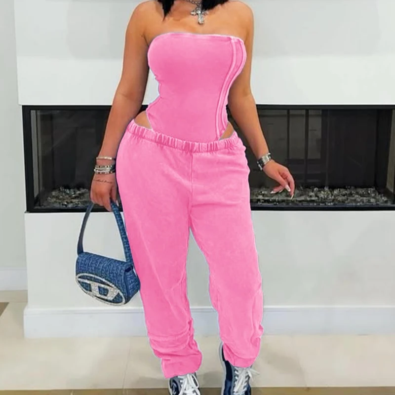Women Fashion Solid Washed Cotton 2 Piece Set Ribbed Strapless Bodysuits Tops + Loose Sweatpants Casual Streetwear Suits
Women Fashion Solid Washed Cotton 2 Piece Set Ribbed Strapless Bodysuits Tops + Loose Sweatpants Casual Streetwear Suits