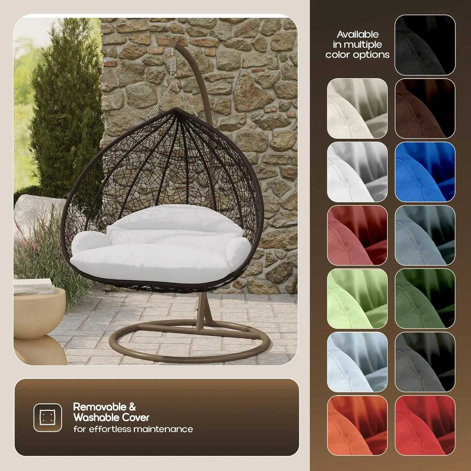 Hanging Egg Chair with Stand, Brown Frame, Open Weave, White Cushion for Patio, Garden, Balcony
Hanging Egg Chair with Stand, Brown Frame, Open Weave, White Cushion for Patio, Garden, Balcony