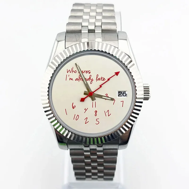 39mm men's datejust watch "Who cares I'm already Late" sapphire glass suitable for NH35 automatic movement
39mm men's datejust watch "Who cares I'm already Late" sapphire glass suitable for NH35 automatic movement