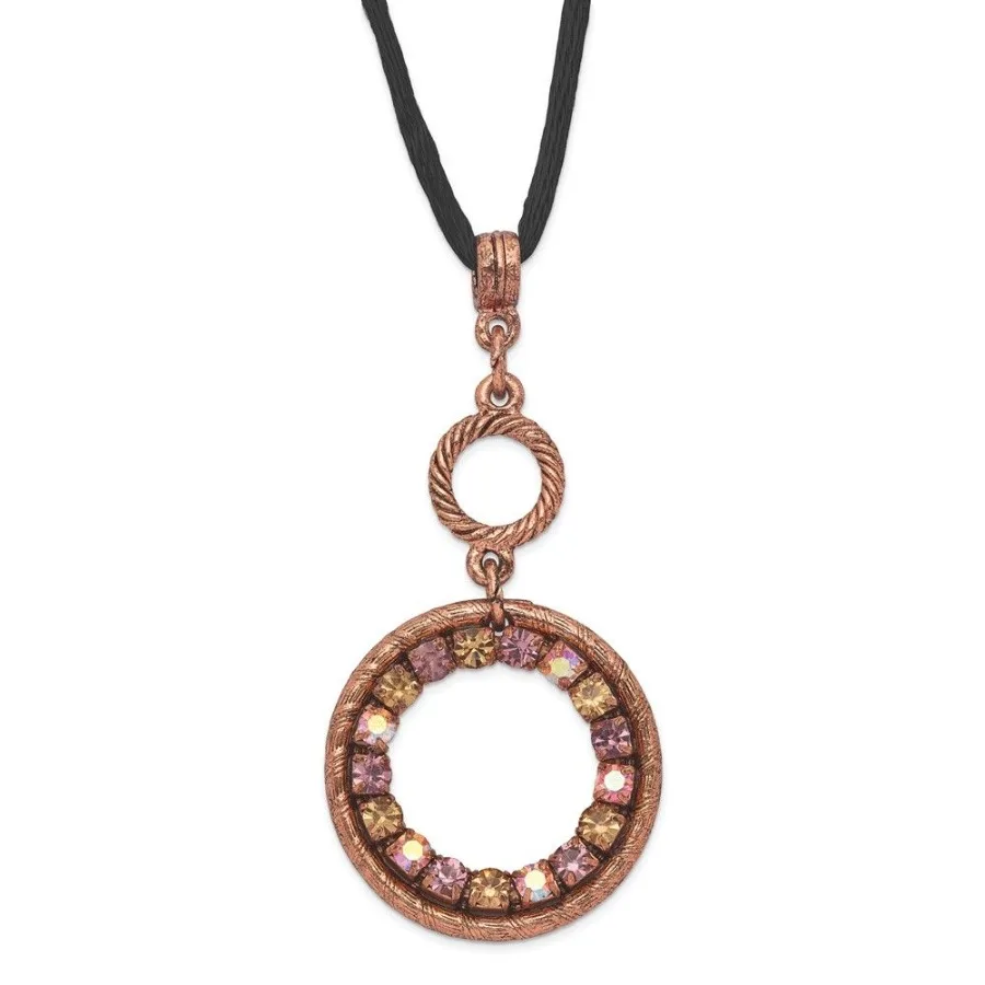 1928 Jewelry Coppertone Pink Purple and Colorado Crystal Double Circle Adjustable 16 inch Satin Cord Necklace with 3 inch exten
1928 Jewelry Coppertone Pink Purple and Colorado Crystal Double Circle Adjustable 16 inch Satin Cord Necklace with 3 inch exten