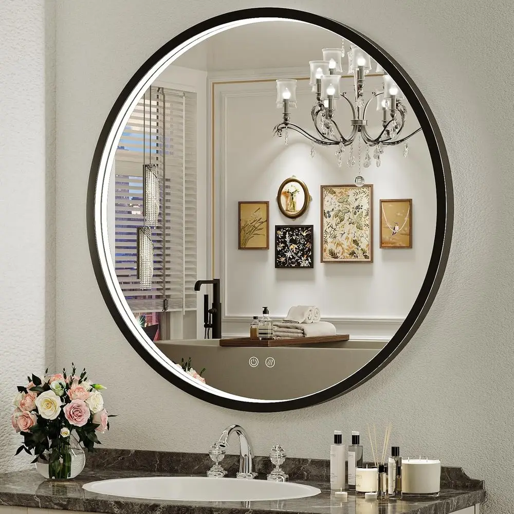 32" Round LED Bathroom Mirror, Dimmable Anti-Fog Vanity Mirror with Touch Control, 6000K Natural Light, Black Metal Frame, Wall
32" Round LED Bathroom Mirror, Dimmable Anti-Fog Vanity Mirror with Touch Control, 6000K Natural Light, Black Metal Frame, Wall
