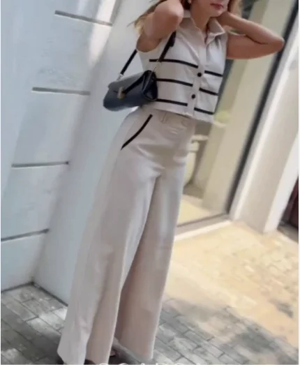 Elegant Two Piece Set for Woman Contrasting Collar Vest Top Casual High Waisted Wide Leg Pants Set for Women's Commuting Set
Elegant Two Piece Set for Woman Contrasting Collar Vest Top Casual High Waisted Wide Leg Pants Set for Women's Commuting Set