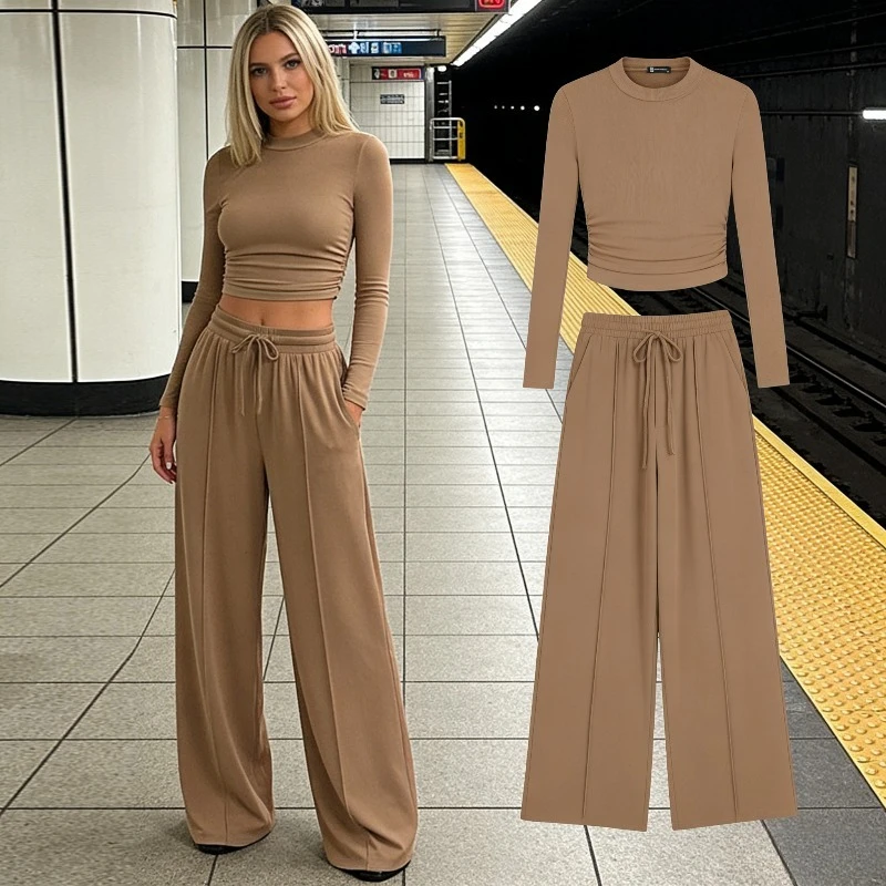 Women Fall Outfit 2 Piece Set Long Sleeve Crop Top High Waist Wide Leg Pants Casual Streetwear
Women Fall Outfit 2 Piece Set Long Sleeve Crop Top High Waist Wide Leg Pants Casual Streetwear